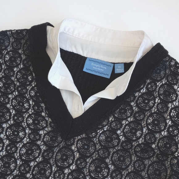 Vintage Simply Vera Navy Blue Lace Long Sleeve Sweater w Built-In White Shirt XS - Picture 3 of 16